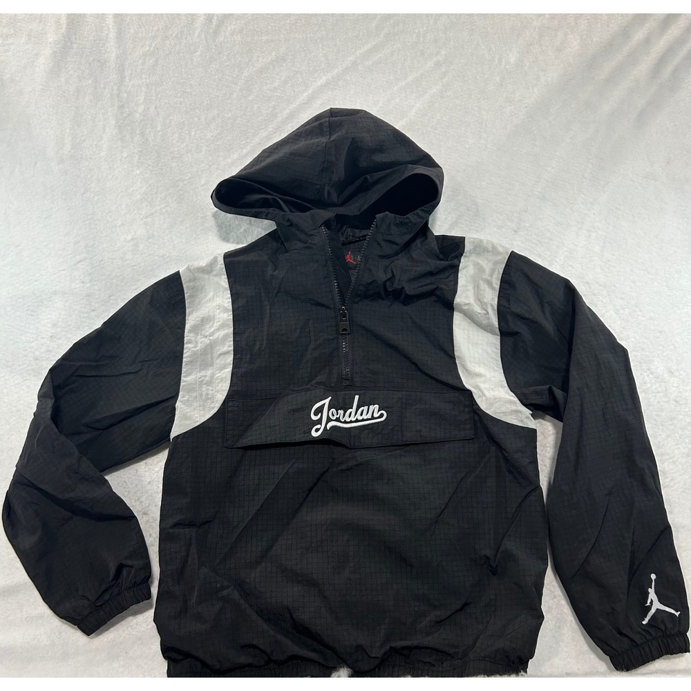 Jordan‎ Boys Black White Ripstop Half Zip Hooded Windbreaker Jacket Size M 10-12